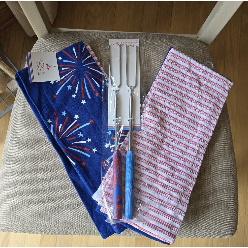 Patriotic Kitchen Towel & S'mores Fork Bundle 4th of July Memorial Day Camping